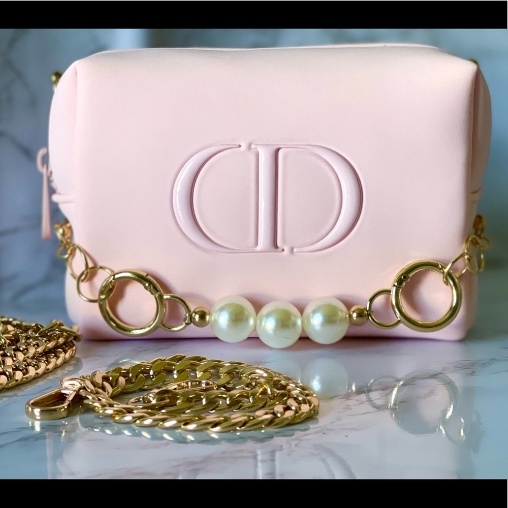 Authentic Dior Cosmetic Bag Converted Crossbody Purse Gold Chain Pearl Detail